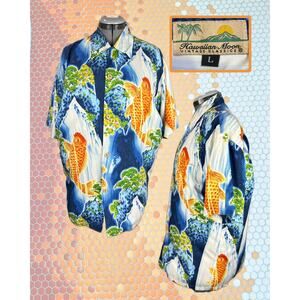Hawaiian Moon Coy Fish Bonsai Trees Waterfalls Hawaiian Shirt Size L